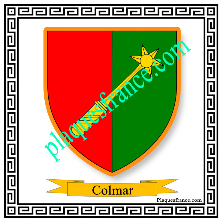 Plaque métal décorative fond blanc carrée 30x30 cm blason de Colmar, Haut-Rhin 67