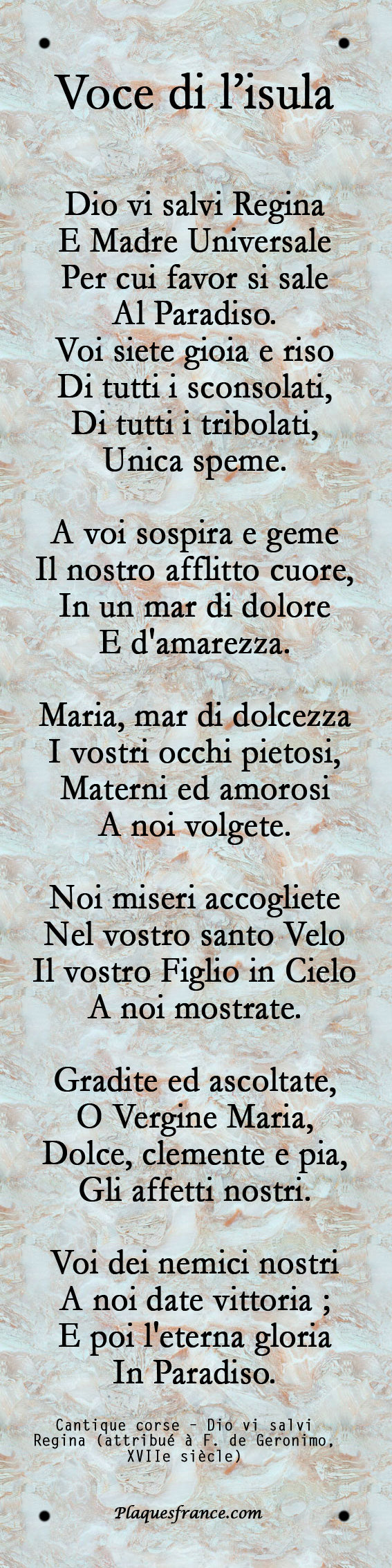 Plaque métal décorative 10 × 40 cm – fond marbre – Dio vi salvi Regina – hymne traditionnel corse