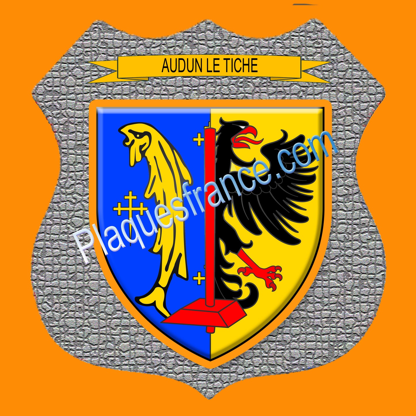 Plaque métal décorative format écusson Ø 30cm fond mozaique blason Audun-le-Tiche, Moselle 57