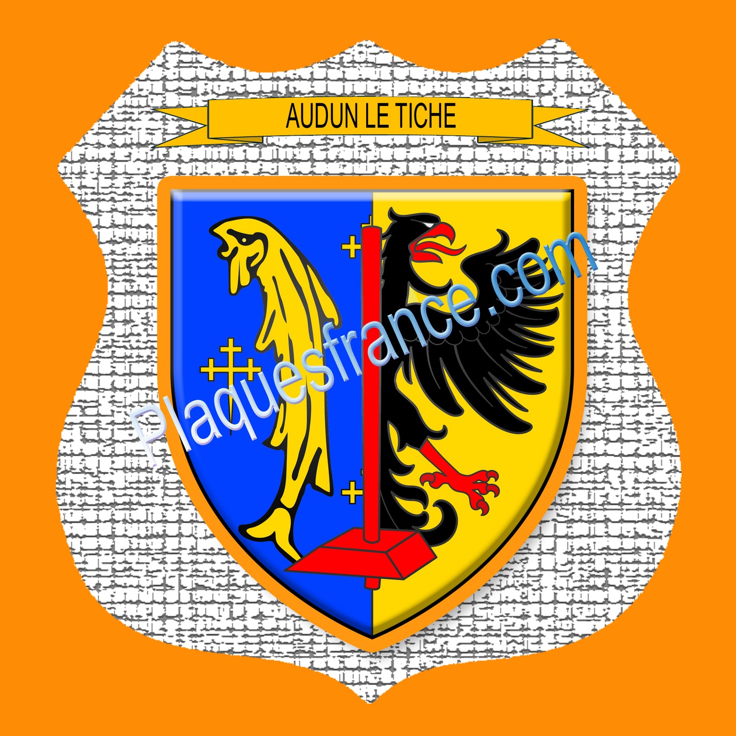 Plaque métal décorative format écusson Ø 30cm fond craquelures blason Audun-le-Tiche, Moselle 57