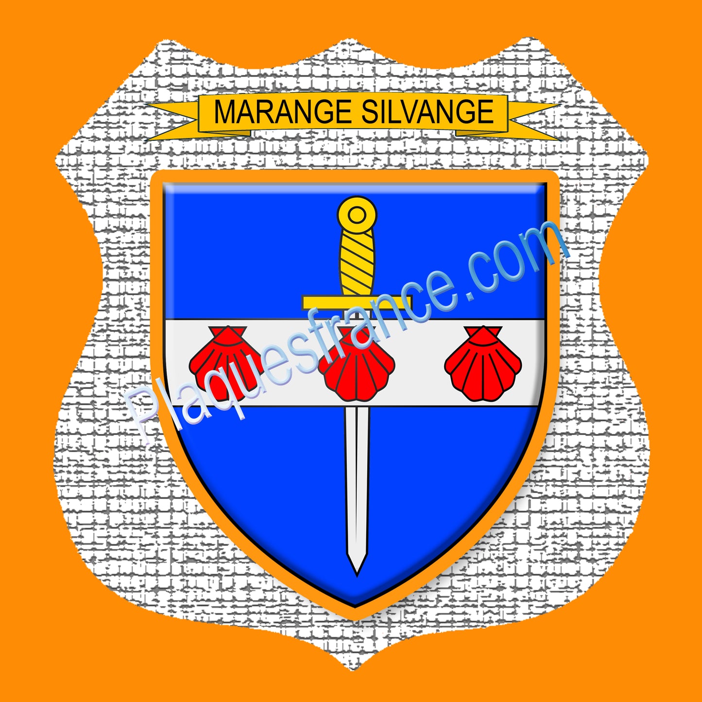 Plaque métal décorative format écusson Ø 30cm fond raquelures blason Marange-Silvange, Moselle 57