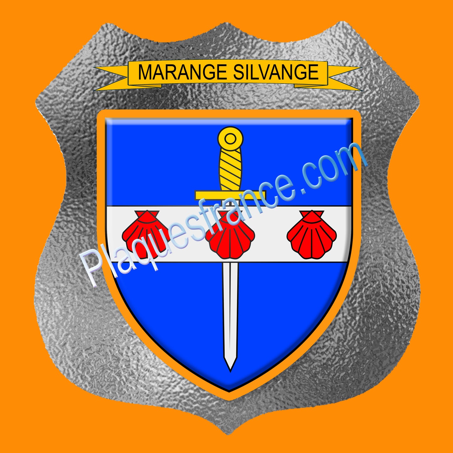 Plaque métal décorative format écusson Ø 30cm fond verre dépoli blason Marange-Silvange, Moselle 57