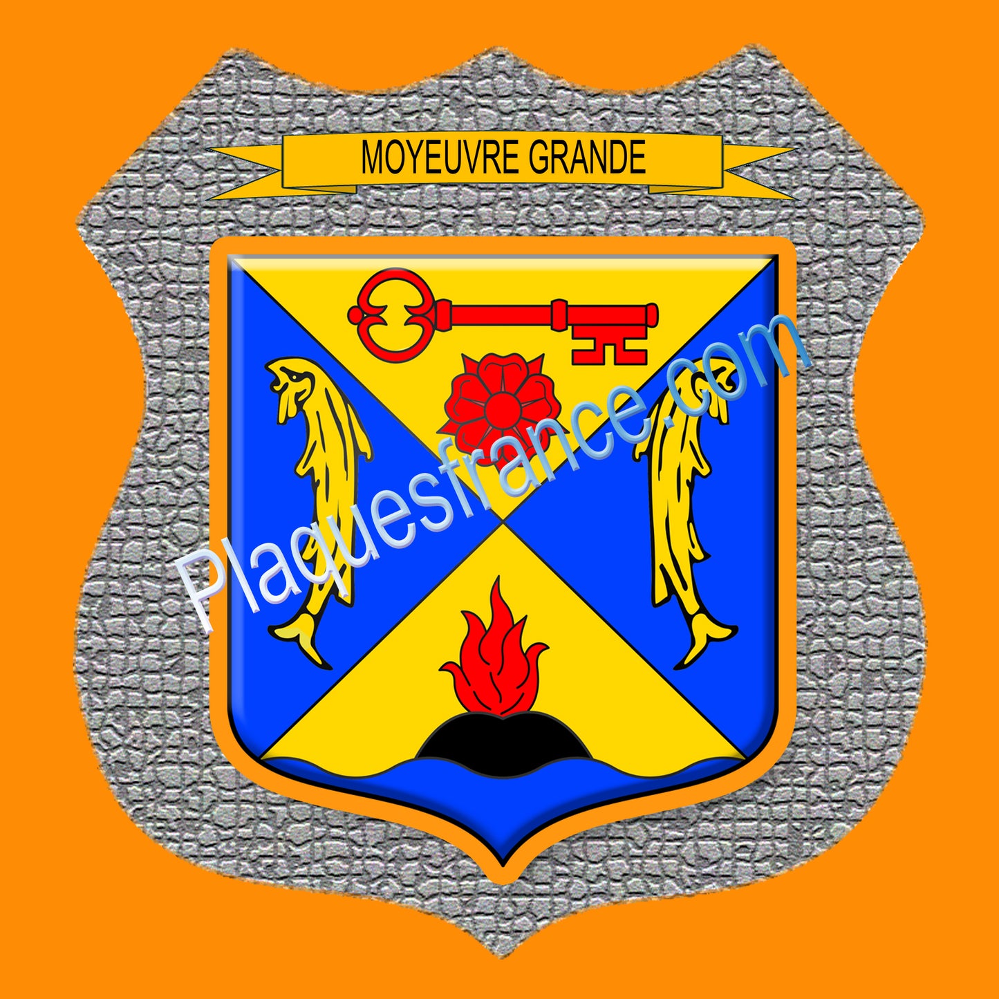 Plaque métal décorative format écusson Ø 30cm fond mozaique blason Moyeuvre-Grande, Moselle 57