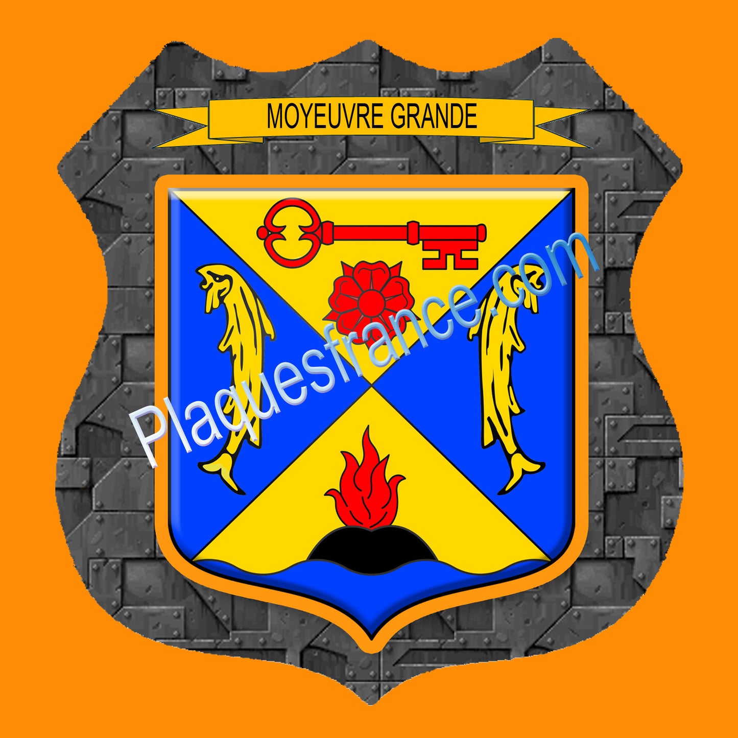 Plaque métal décorative format écusson Ø 30cm fond plaques métal blason Moyeuvre-Grande, Moselle 57