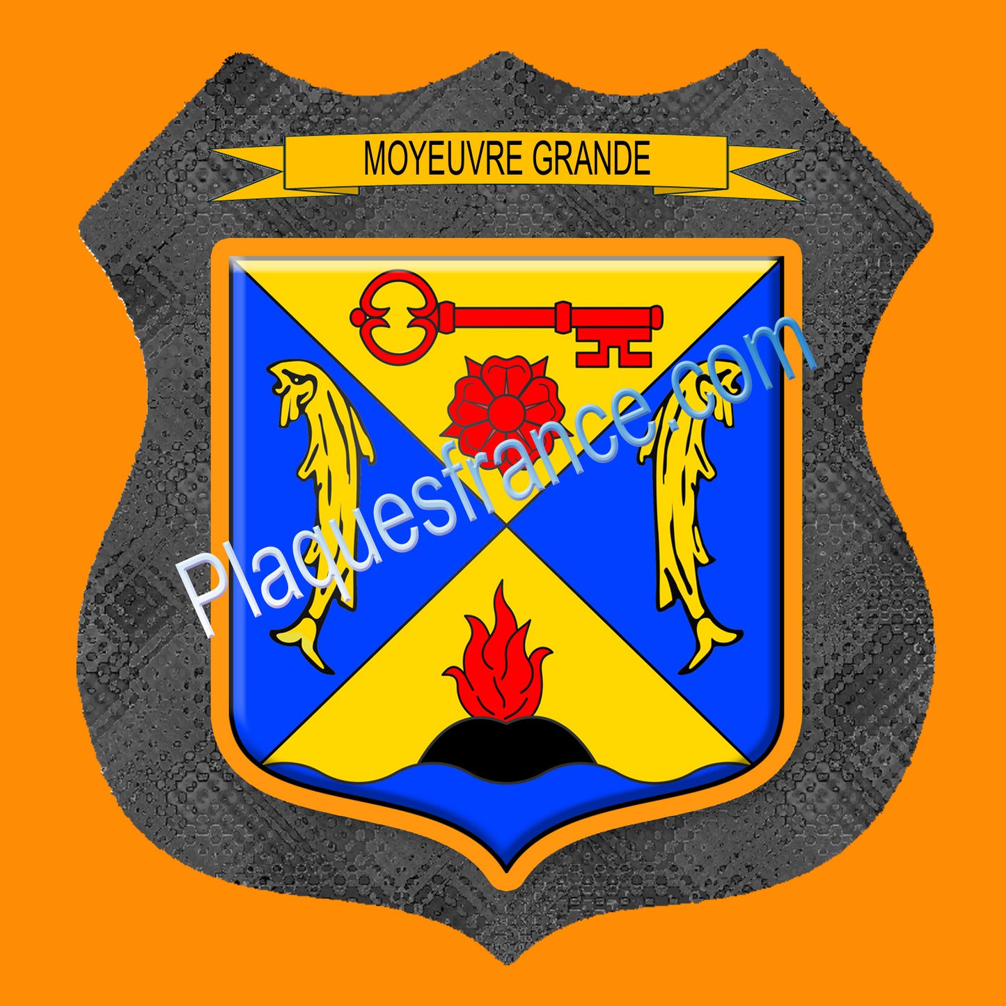 Plaque métal décorative format écusson Ø 30cm fond verre+méta blason Moyeuvre-Grande, Moselle 57