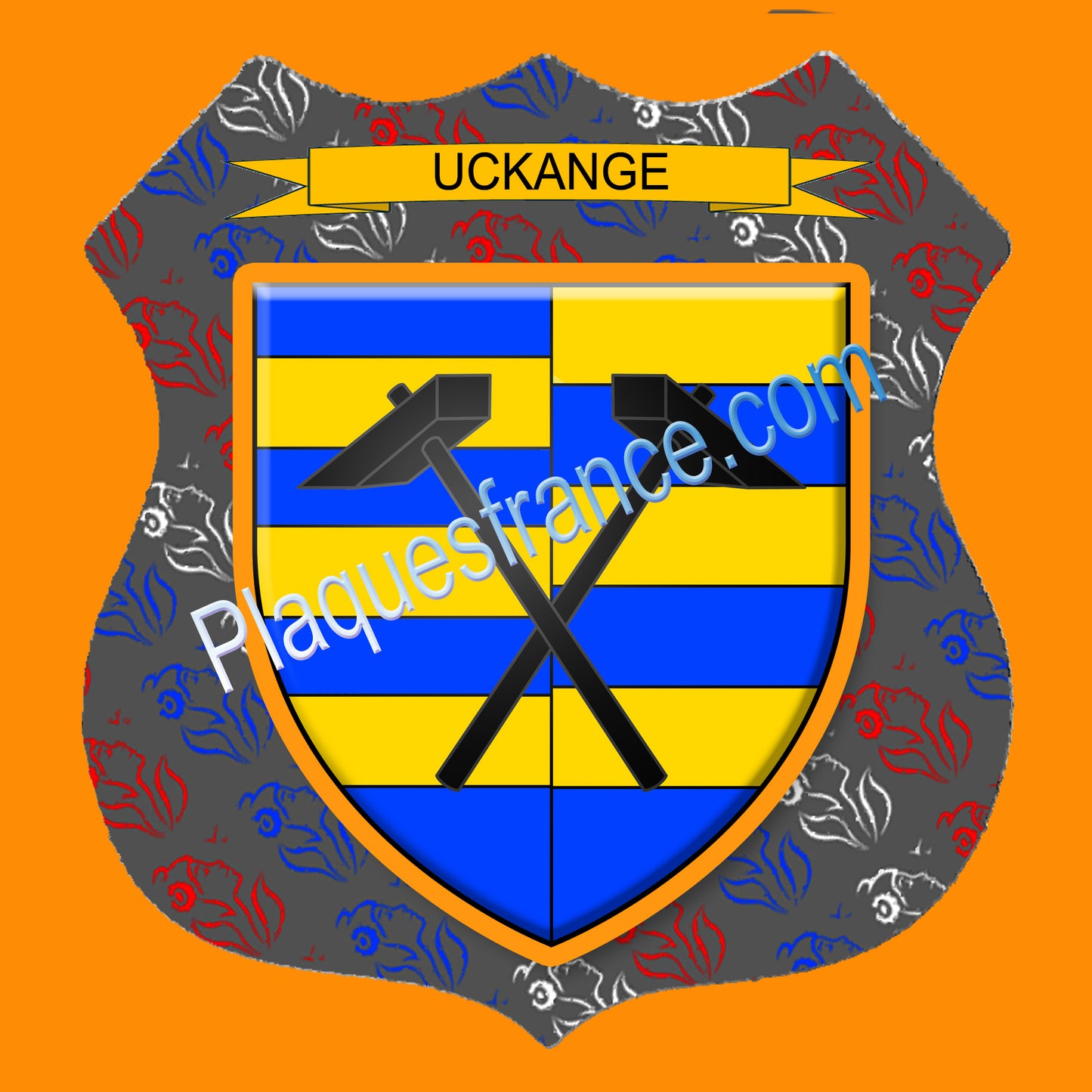 Plaque métal décorative format écusson Ø 30cm fond marianne blason Uckange, Moselle 57