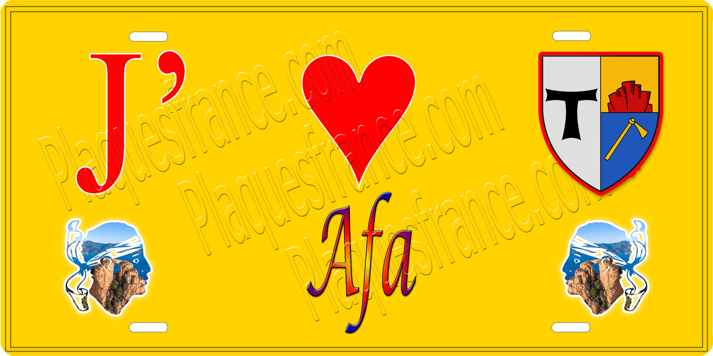Plaque métal décorative 15 x 30 fond jaune J'❤️ Afa canton de Gravona-Prunelli (Corse-du-Sud)