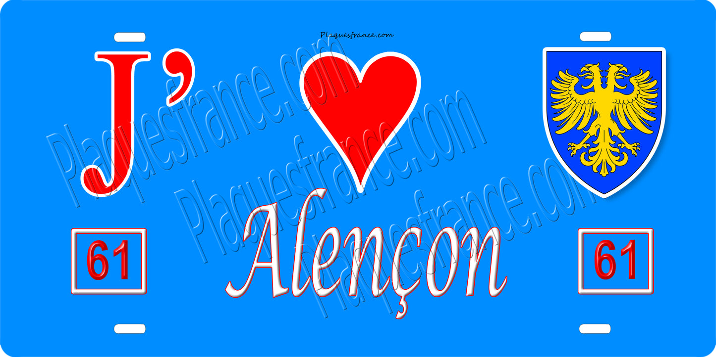 Plaque métal décorative 15 x 30 cm fond bleu 61 J' ❤️ Alençon, Orne 61