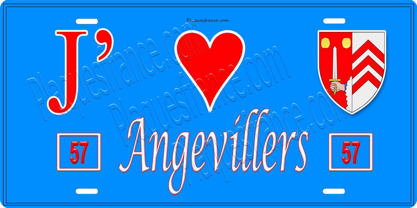 Plaque métal décorative 15 x 30 cm fond bleu J' ❤️ Angevillers Canton de Algrange Moselle 57