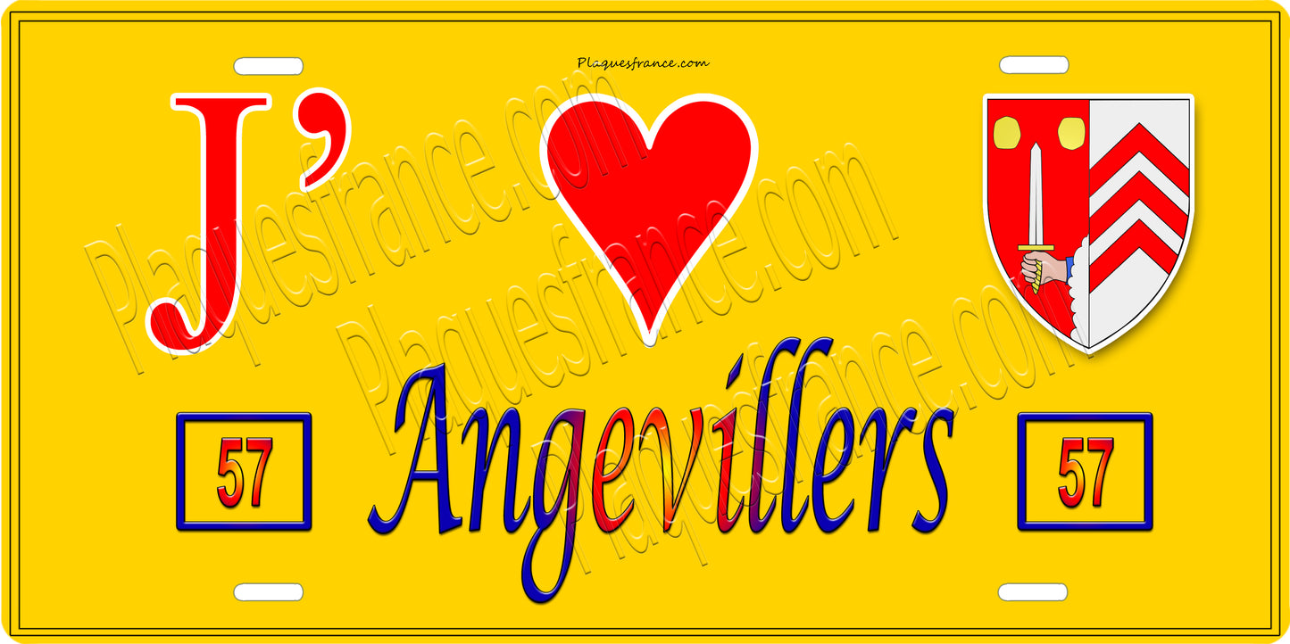 Plaque métal décorative 15 x 30 cm fond jaune J' ❤️ Angevillers Canton de Algrange Moselle 57