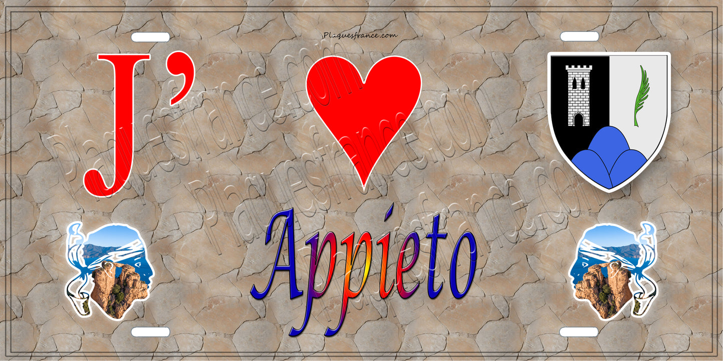 Plaque métal décorative 15 x 30 cm mur antique J' ❤️ Appieto canton du Gravona-Prunelli Corse du Sud