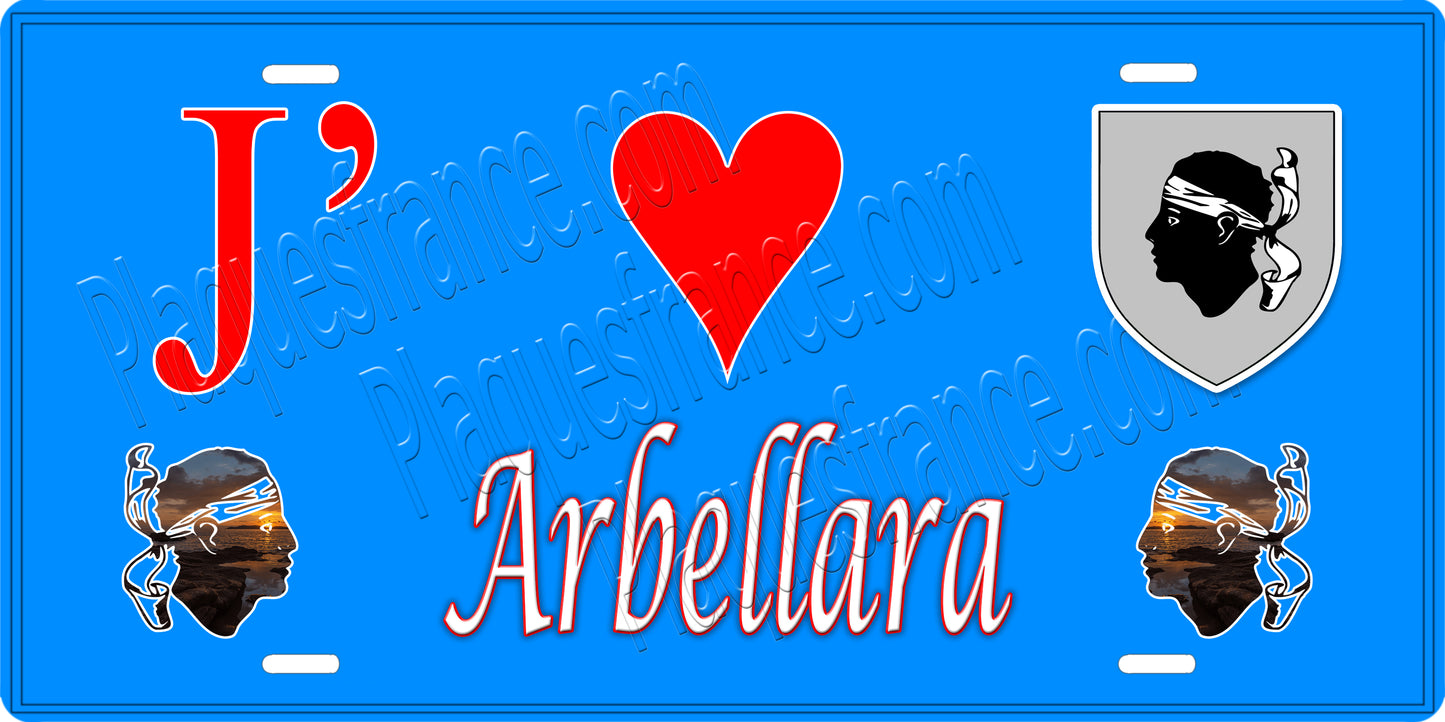 Plaque métal décorative 15 x 30 cm fond mur bleu J' ❤️ Arbellara canton du Sartenais-Valinco Corse du Sud