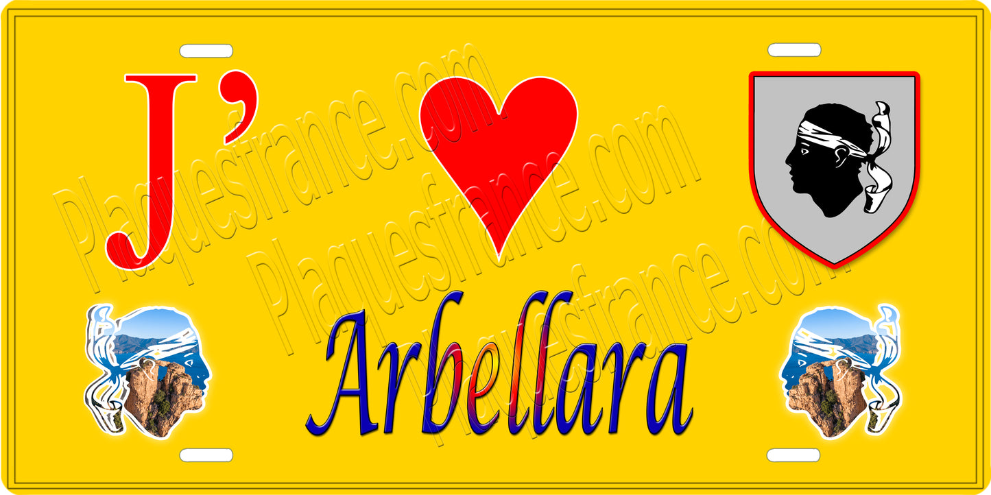 Plaque métal décorative 15 x 30 cm fond mur jaune J' ❤️ Arbelara canton du Sartenais-Valinco Corse du Sud
