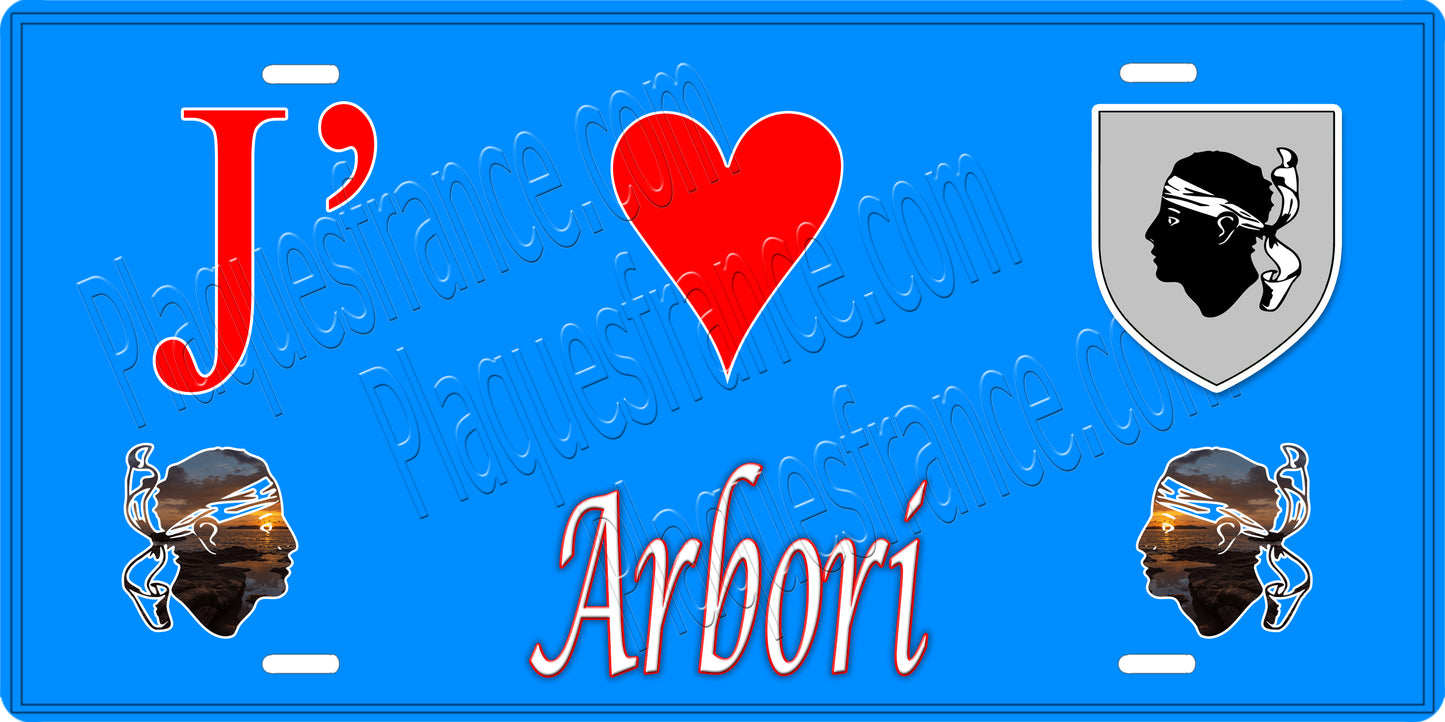 Plaque métal décorative 15 x 30 cm fond bleu J' ❤️ Arbori Canton de Sevi-Sorru-Cinarca Corse du Sud