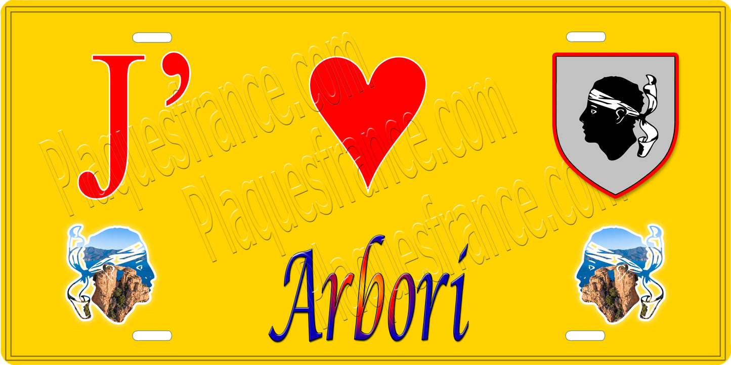 Plaque métal décorative 15 x 30 cm fond jaune J' ❤️ Arbori Canton de Sevi-Sorru-Cinarca Corse du Sud