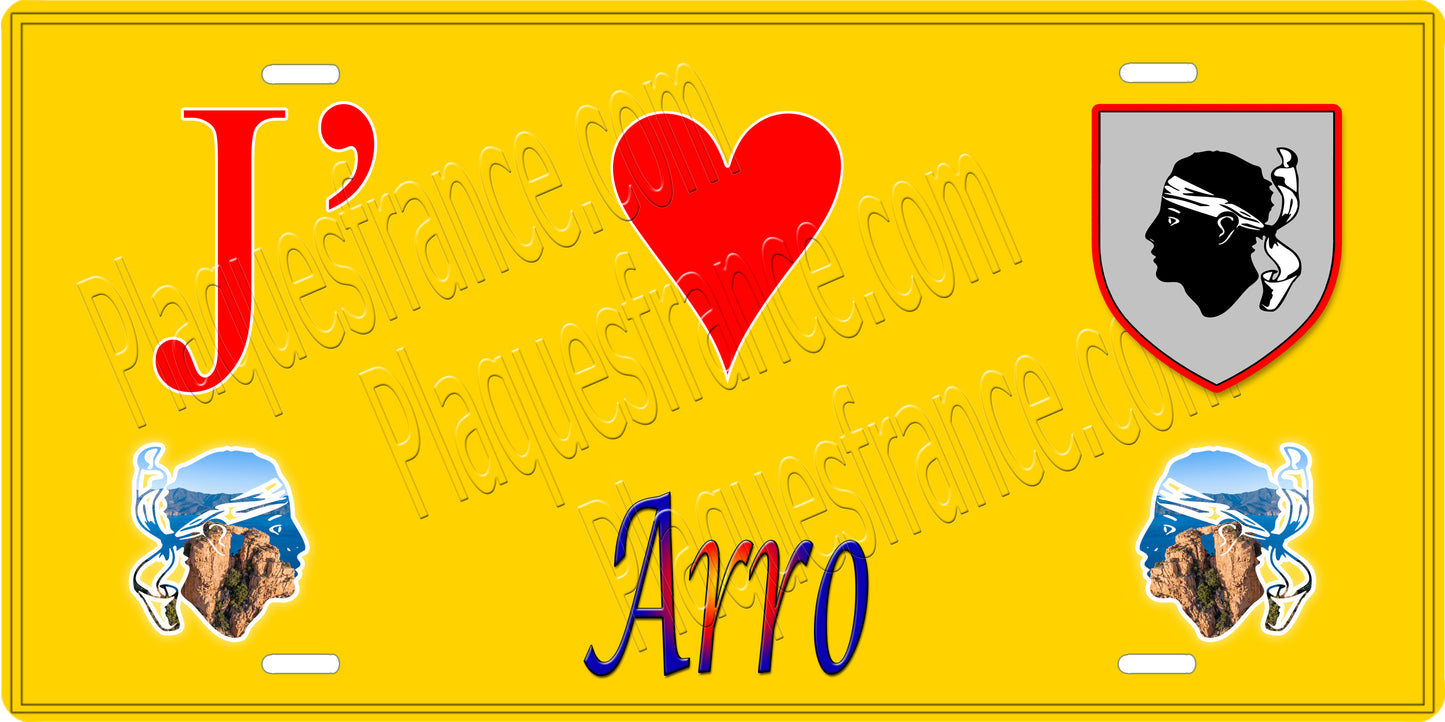 Plaque métal décorative 15 x 30 cm fond jaune J' ❤️ Arro Canton de Sevi-Sorru-Cinarca Corse du Sud - Plaquesfrance.com