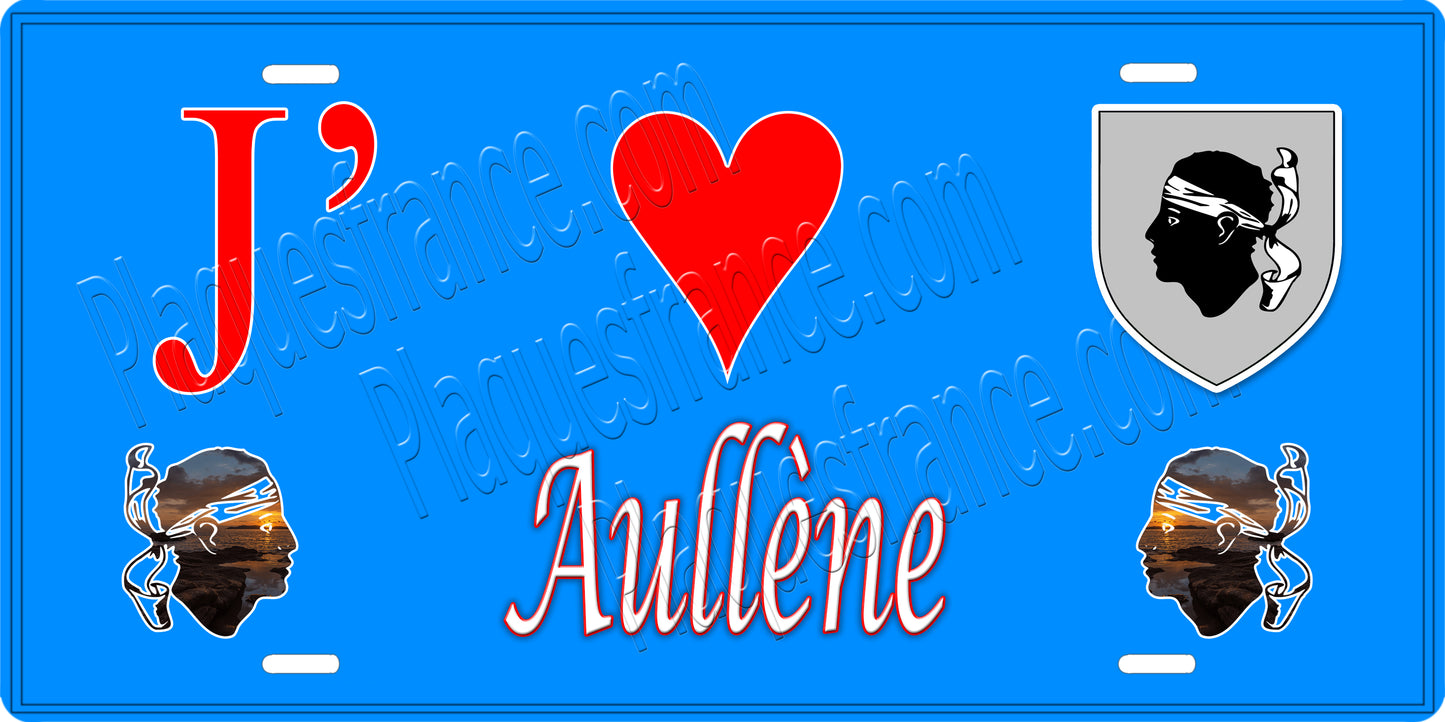 Plaque métal décorative 15 x 30 cm fond bleu J' ❤️ Aullène canton du Sartenais-Valinco Co