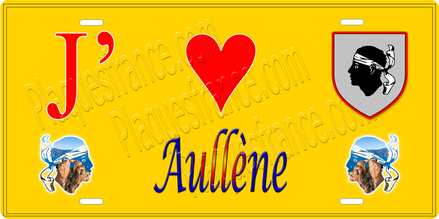 Plaque métal décorative 15 x 30 cm fond mur jaune J' ❤️ Aullène canton du Sartenais-Valinco Corse du Sud