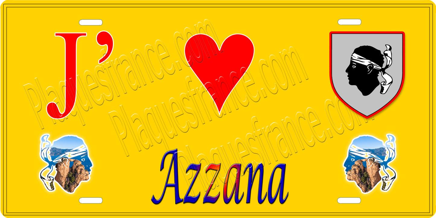 décorative 15 x 30 cm jaune J' ❤️ Azzana Canton de Sevi-Sorru-Cinarca Corse du Sud - Plaquesfrance.com