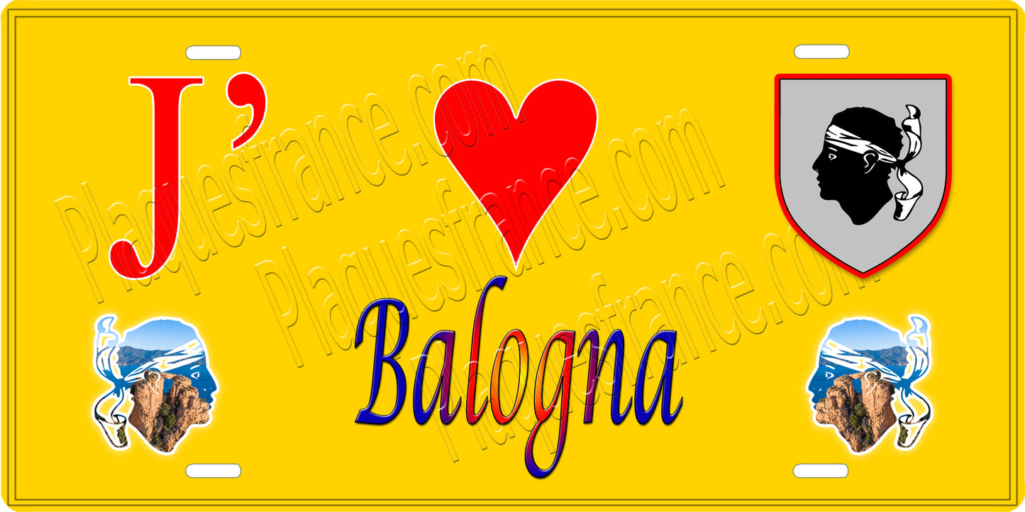 Plaque métal décorative 15 x 30 cm jaune J' ❤️ Balogna Canton de Sevi-Sorru-Cinarca Corse du Sud