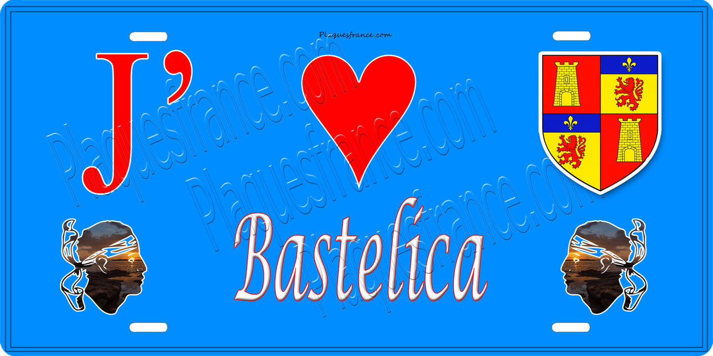 Plaque métal décorative 15 x 30 cm bleu J' ❤️ Bastelica canton du Gravona-Prunelli Corse du Sud