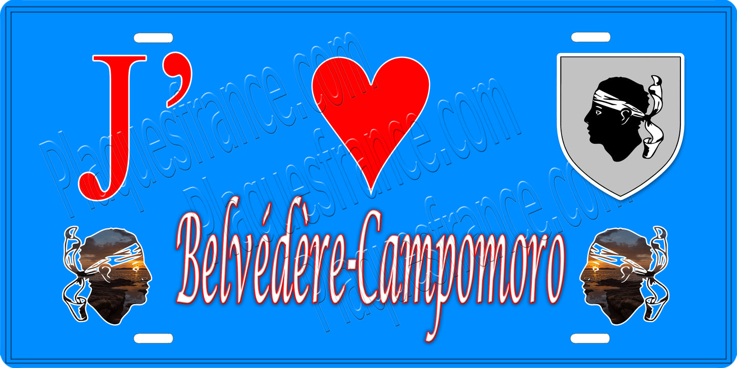 Plaque métal décorative 15 x 30 cm bleu J' ❤️ Belvédère Campomoro canton du Sartenais-Valinco Corse du Sud