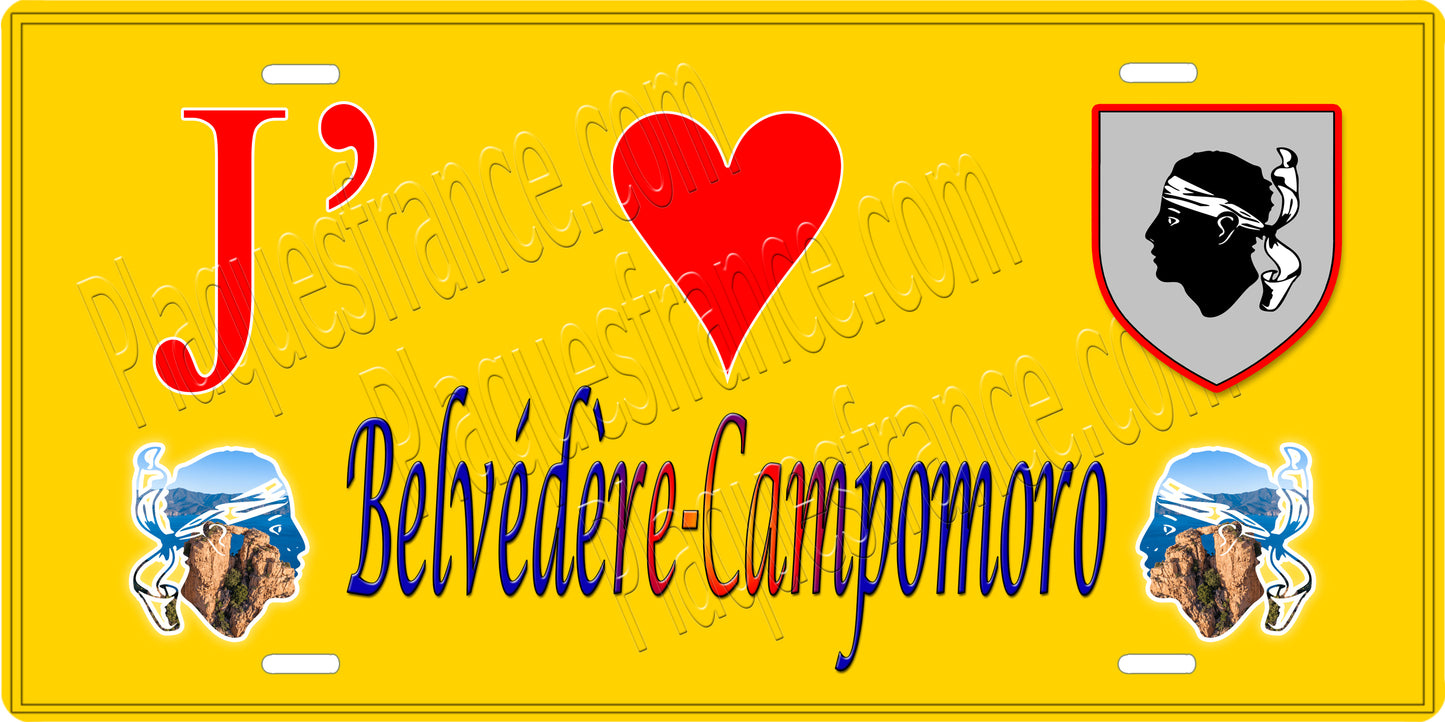 Plaque métal décorative 15 x 30 cm jaune J' ❤️ Belvédère Campomoro canton du Sartenais-Valinco Corse du Sud - Plaquesfrance.com