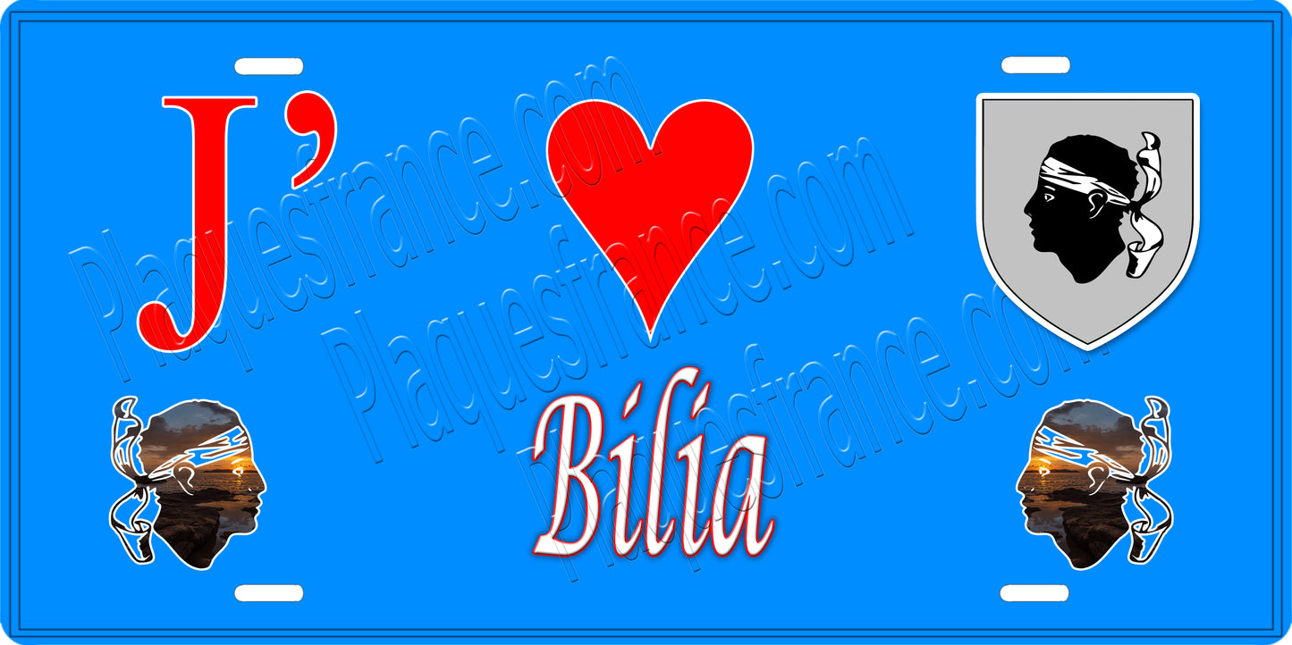 Plaque métal décorative 15 x 30 cm bleu J' ❤️ Bilia canton du Sartenais-Valinco Corse du Sud