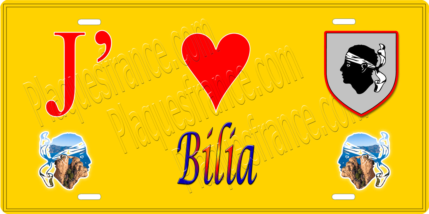 Plaque métal décorative 15 x 30 cm jaune J' ❤️ Bilia canton du Sartenais-Valinco Corse du Sud
