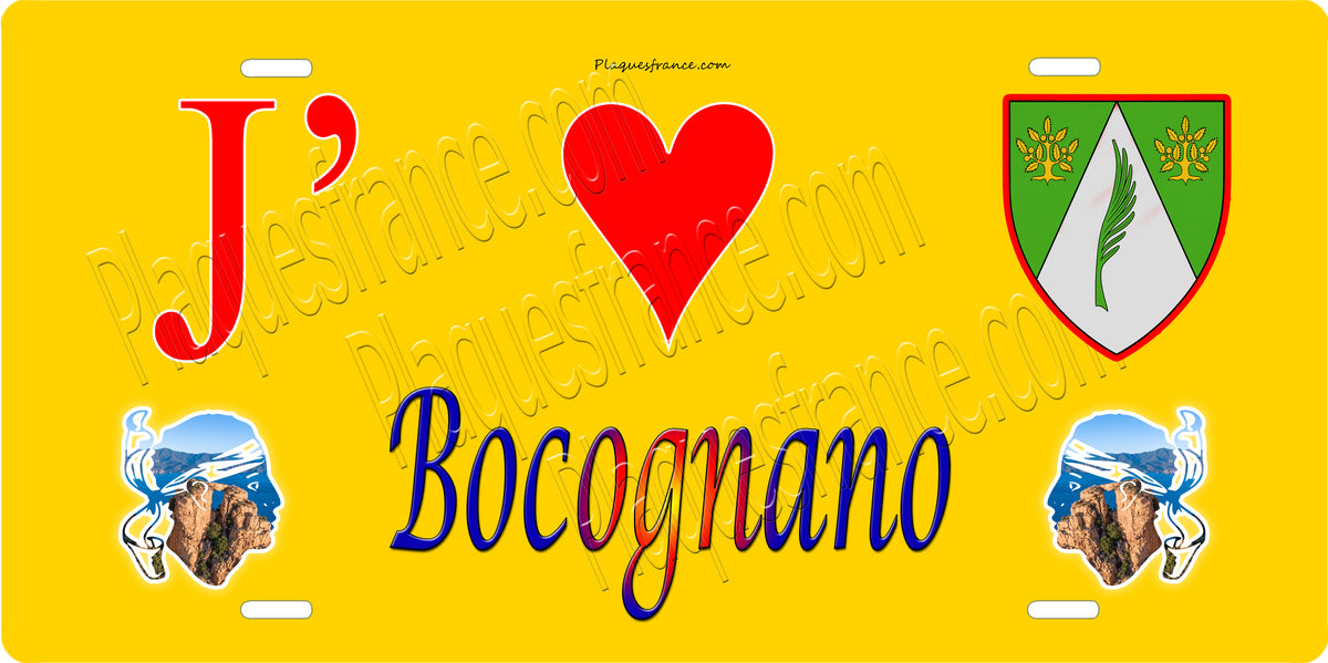 Plaque métal décorative 15 x 30 cm jaune J' ❤️ Bocognano canton du Gravona-Prunelli Corse du Sud