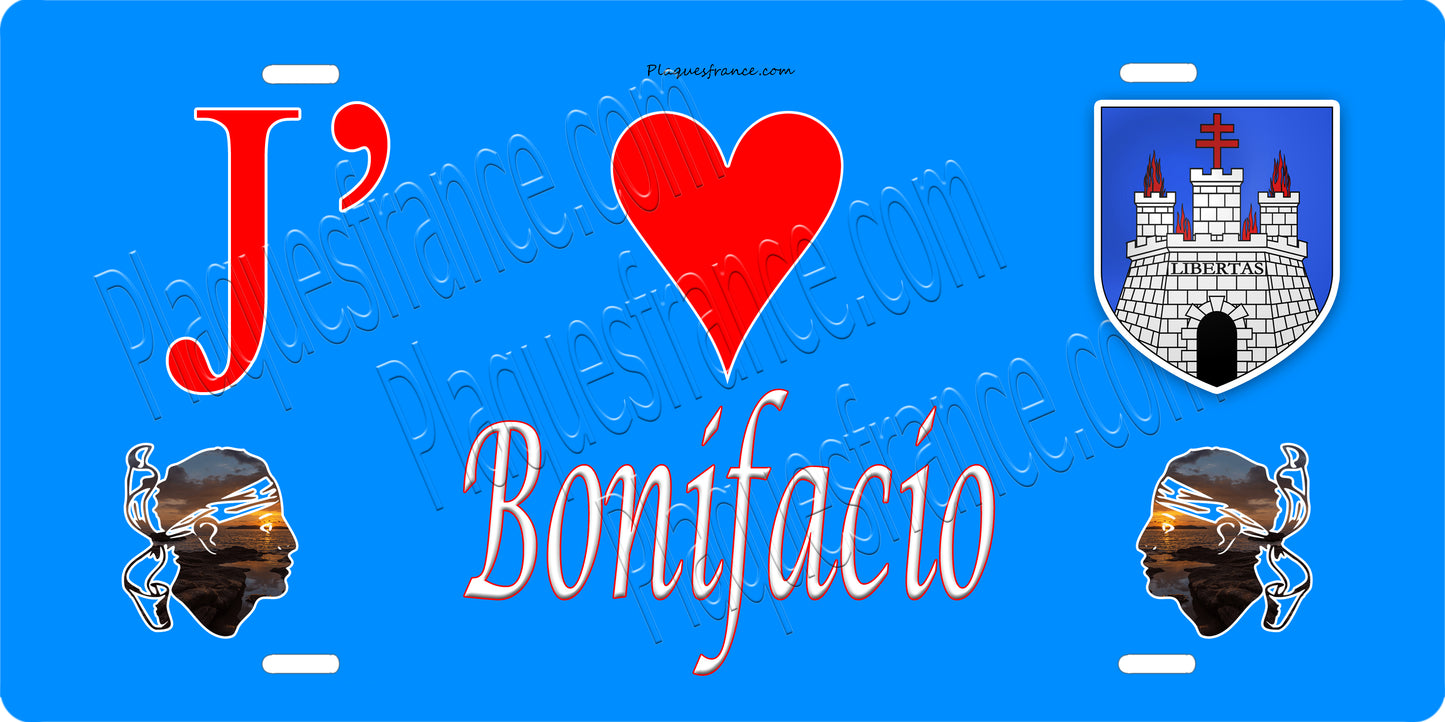 Plaque métal décorative 15 x 30 cm bleu J' ❤️ Bonifacio canton du Grand-Sud Corse du Sud