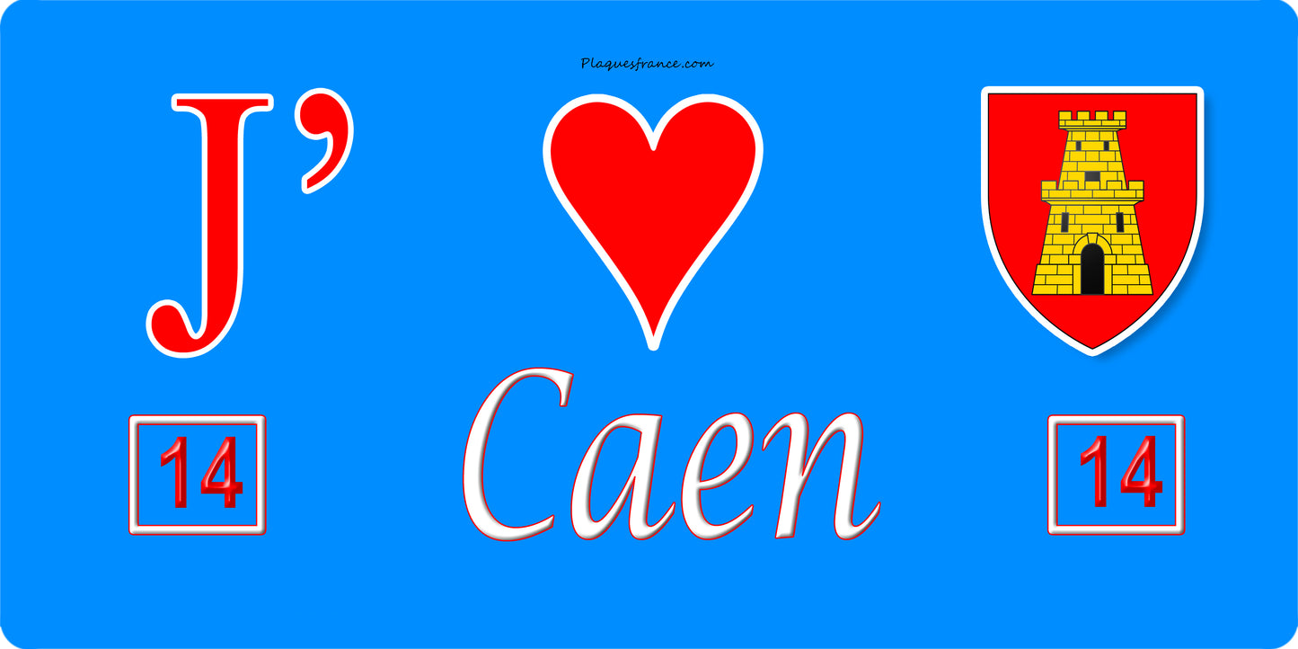 Plaque métal décorative J' ❤️ Caen, Calvados, fond bleu 14