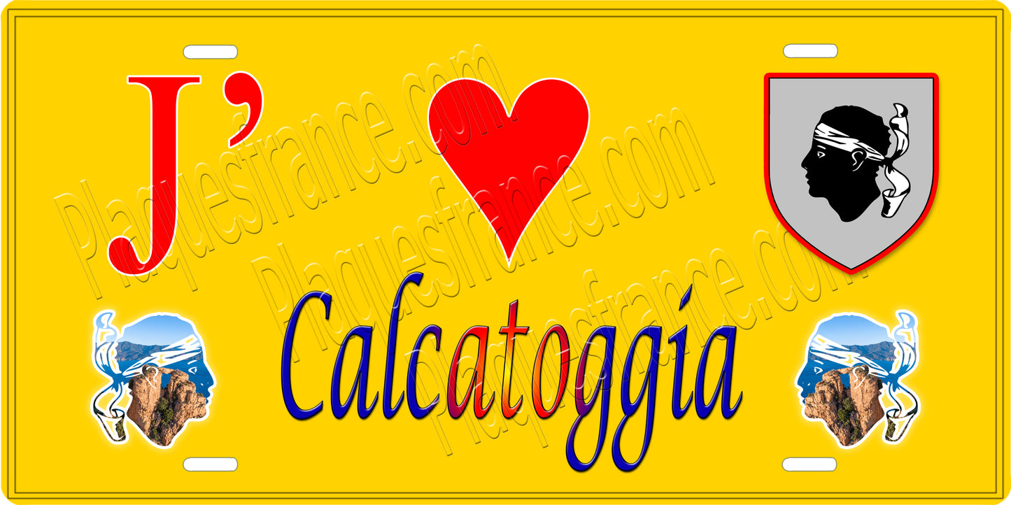 Plaque métal décorative 15 x 30 cm jaune J' ❤️ Calcatoggio Canton de Sevi-Sorru-Cinarca Corse du Sud - Plaquesfrance.com