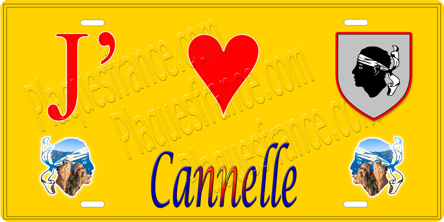 Plaque métal décorative 15 x 30 cm jaune J' ❤️ Cannelle Canton de Sevi-Sorru-Cinarca Corse du Sud - Plaquesfrance.com