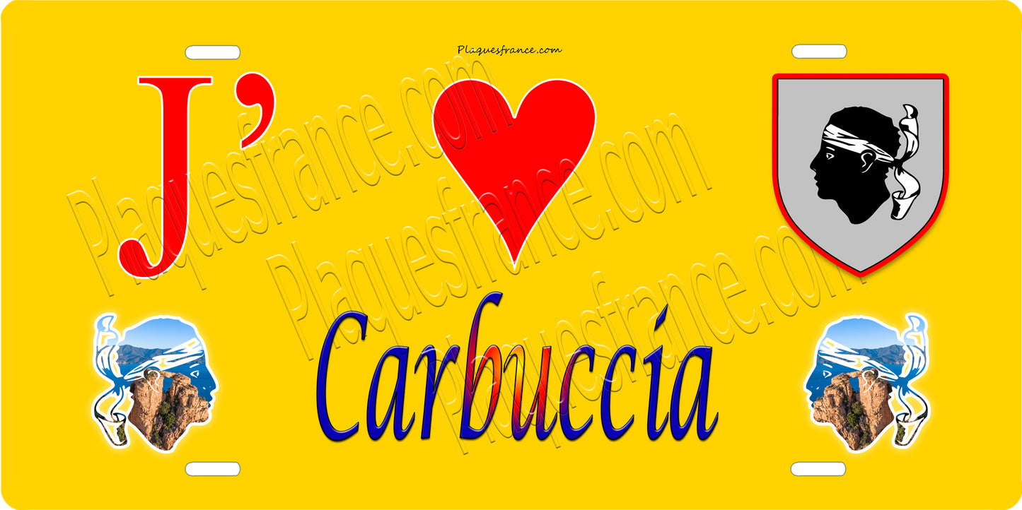 Plaque métal décorative 15 x 30 cm jaune J' ❤️ Carbuccia canton du Gravona-Prunelli Corse du Sud