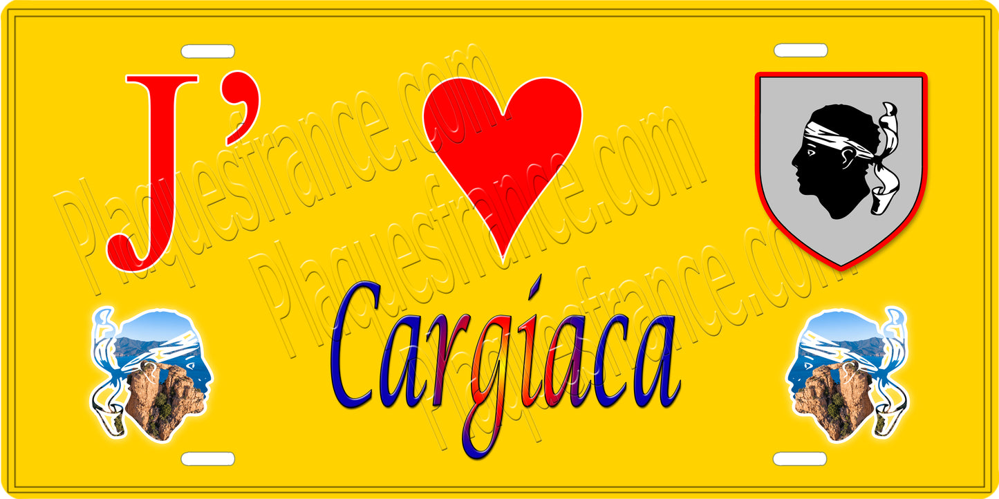 Plaque métal décorative 15 x 30 cm jaune J' ❤️ Cargiaca canton du Sartenais-Valinco Corse du Sud - Plaquesfrance.com