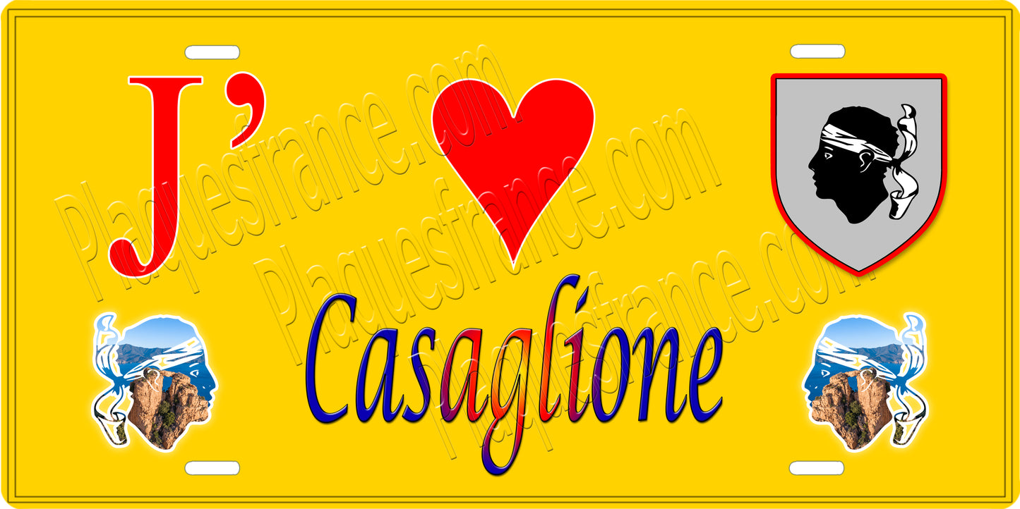 Plaque métal décorative 15 x 30 cm jaune J' ❤️ Casaglione Canton de Sevi-Sorru-Cinarca Corse du Sud