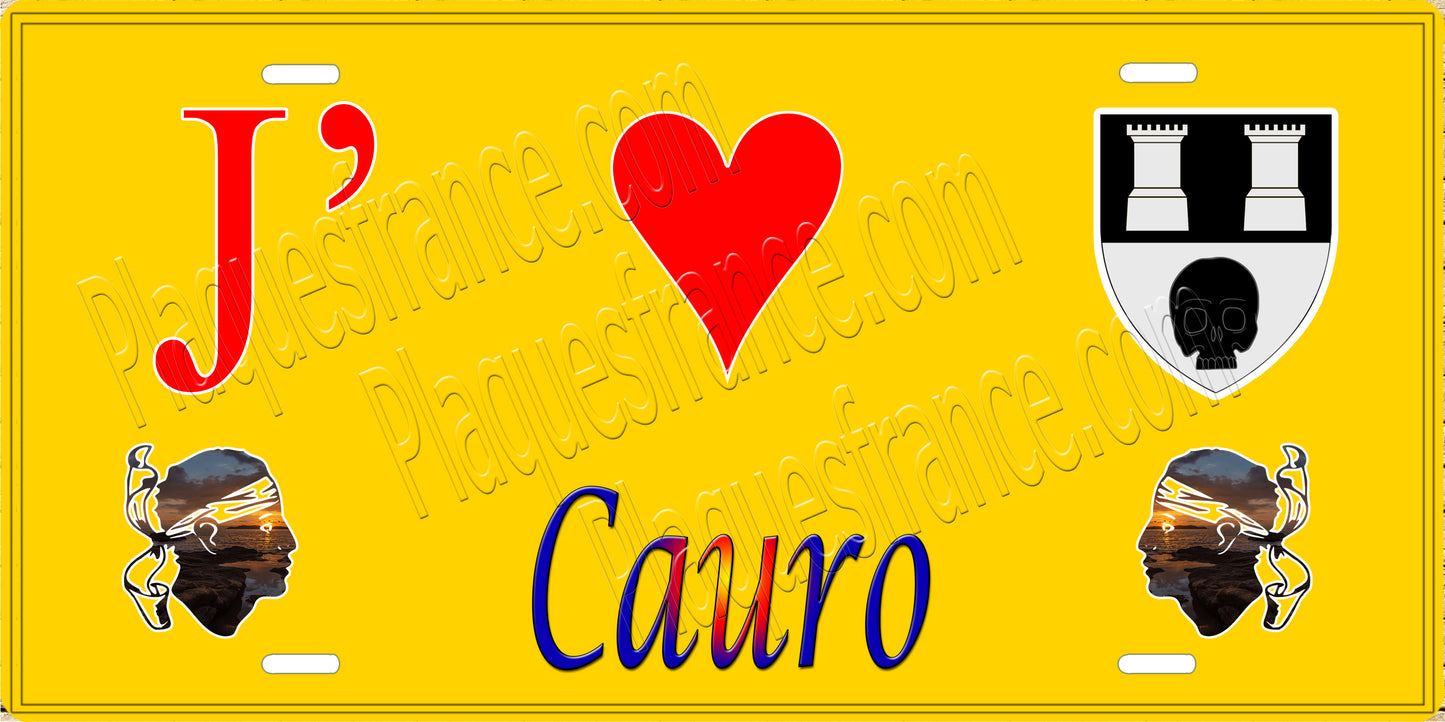 Plaque métal décorative 15 x 30 cm jaune J' ❤️ Cauro canton de Taravo-Ornano Corse du Sud