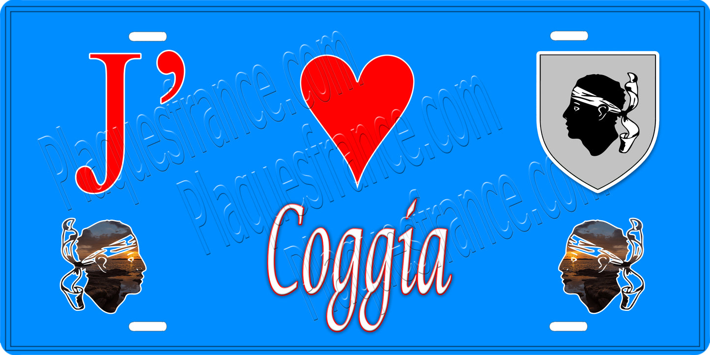 Plaque métal décorative 15 x 30 cm bleu J' ❤️ Coggia Canton de Sevi-Sorru-Cinarca Corse du Sud - Plaquesfrance.com