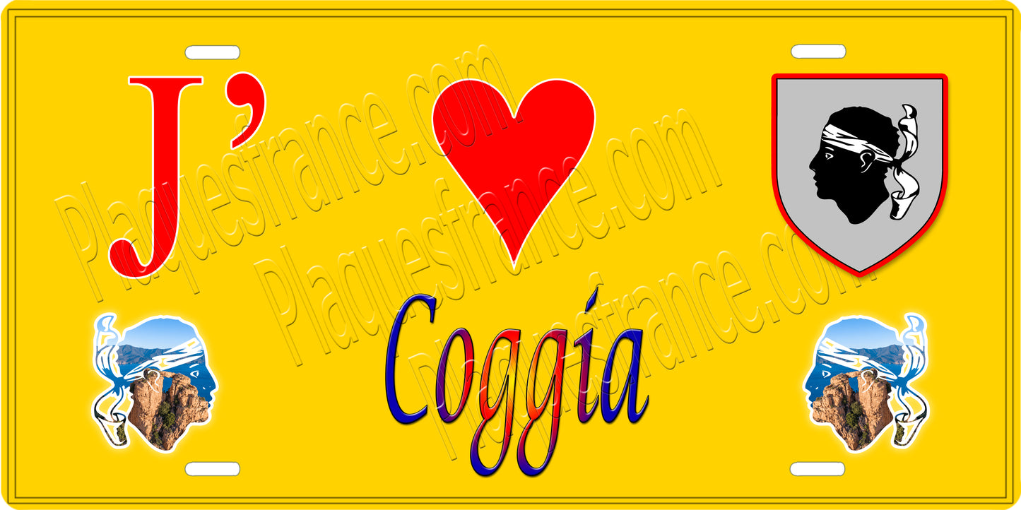 Plaque métal décorative 15 x 30 cm jaune J' ❤️ Coggia Canton de Sevi-Sorru-Cinarca Corse du Sud - Plaquesfrance.com