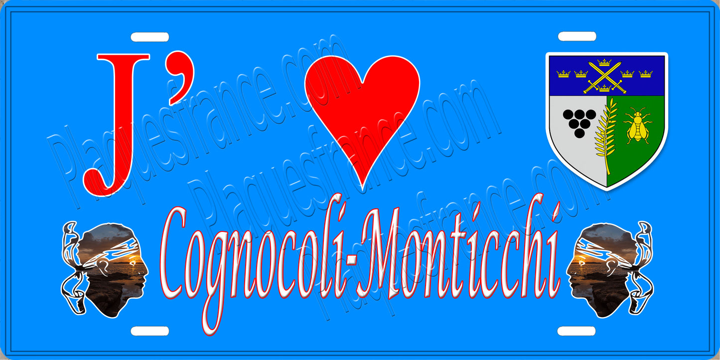 Plaque métal décorative 15 x 30 cm bleu J' ❤️ Cognocoli Monticchi canton de Taravo-Ornano Corse du Sud