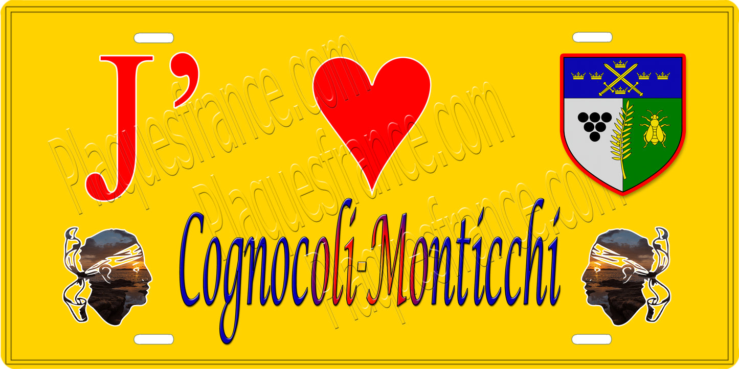 Plaque métal décorative 15 x 30 cm jaune J' ❤️ Cognocoli Monticchi canton de Taravo-Ornano Corse du Sud