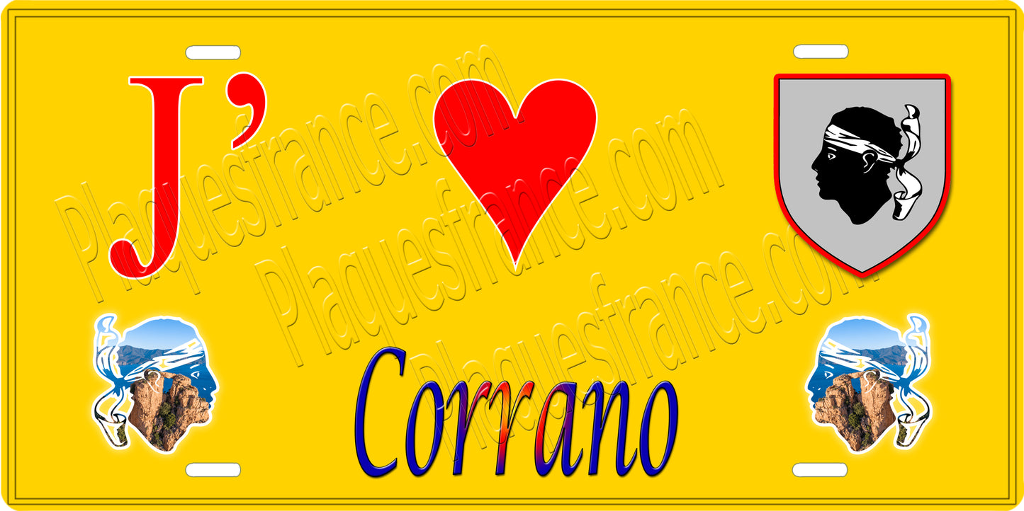 Plaque métal décorative 15 x 30 cm jaune J' ❤️ Corrano canton de Taravo-Ornano Corse du Sud - Plaquesfrance.com