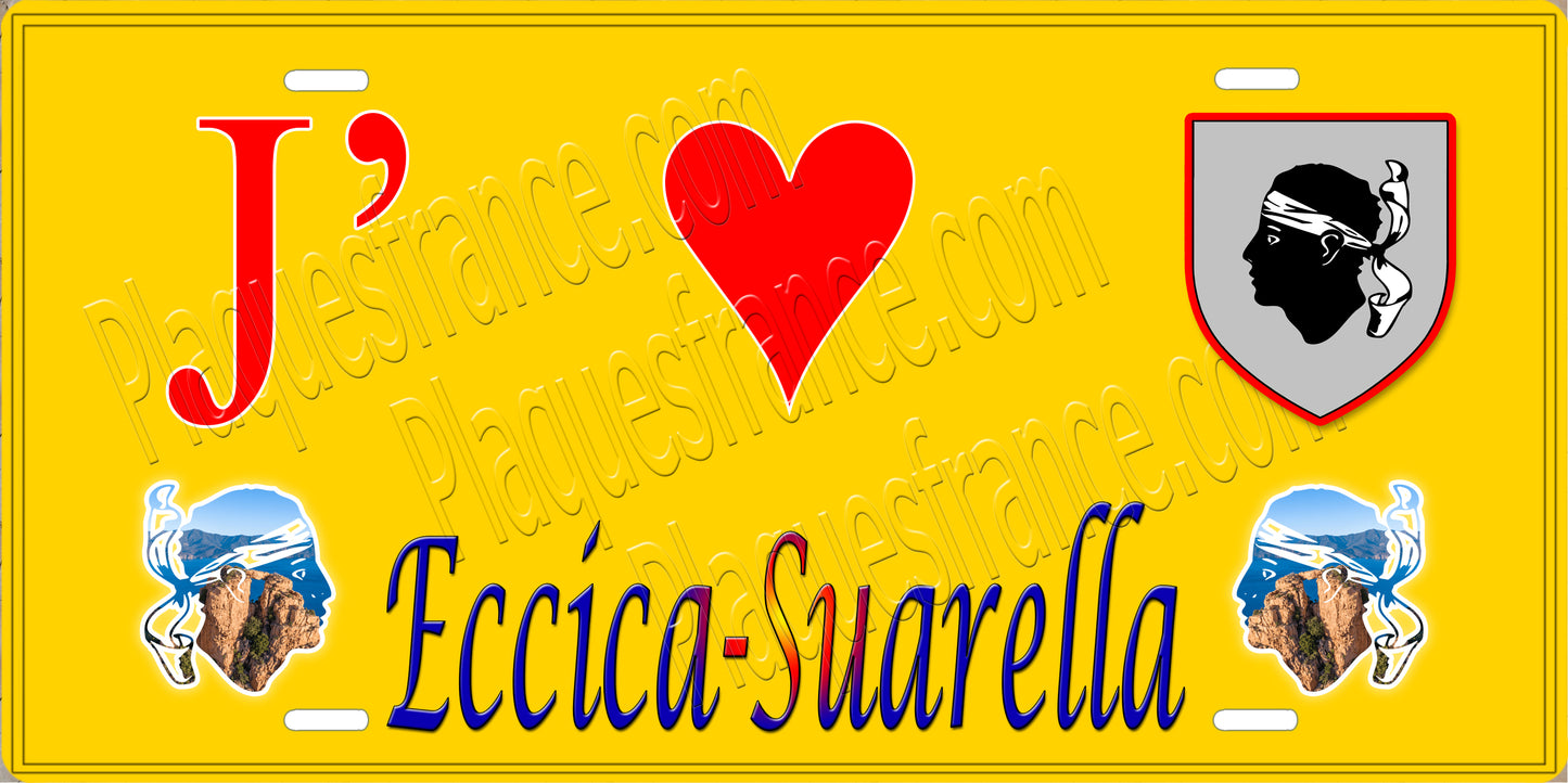 Plaque métal décorative 15 x 30 cm jaune J' ❤️ Eccica-Suarella canton de Taravo-Ornano Corse du Sud