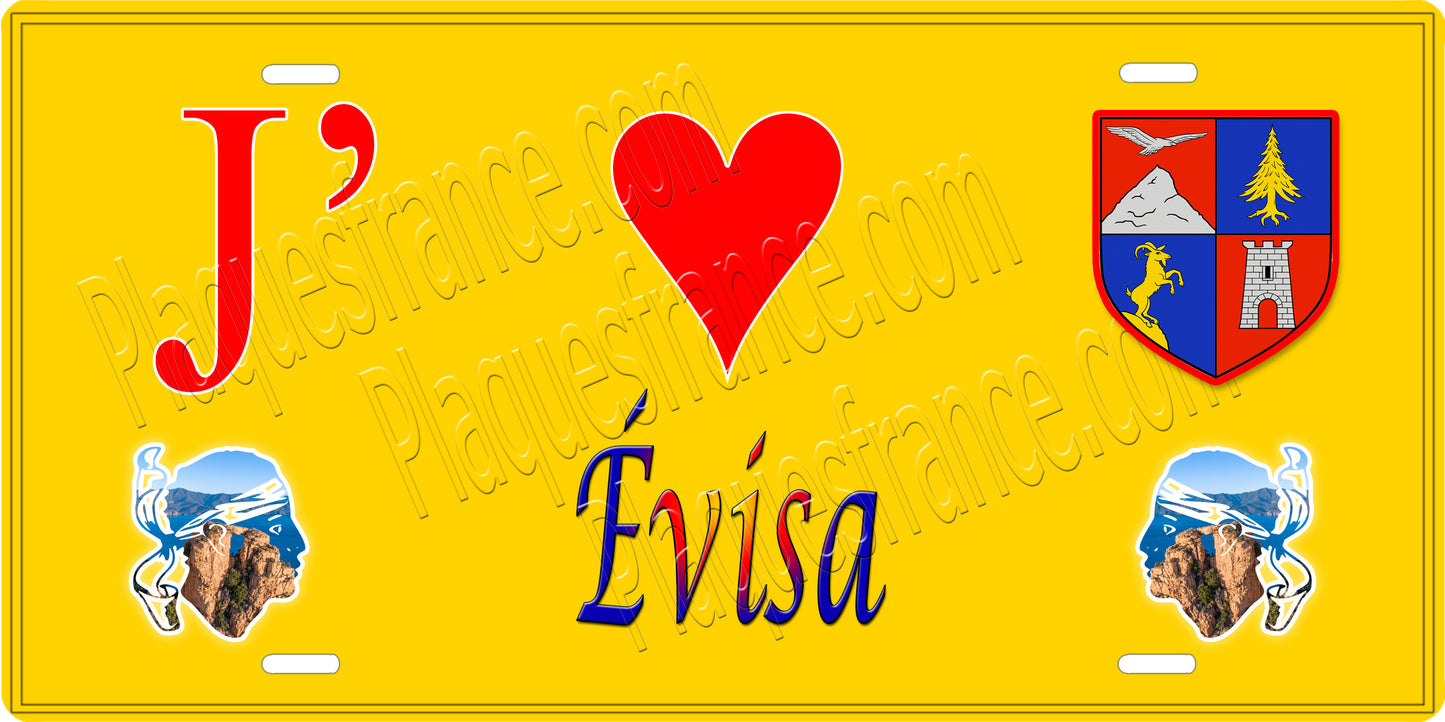Plaque métal décorative 15 x 30 cm jaune J' ❤️ Evisa Canton de Sevi-Sorru-Cinarca Corse du Sud