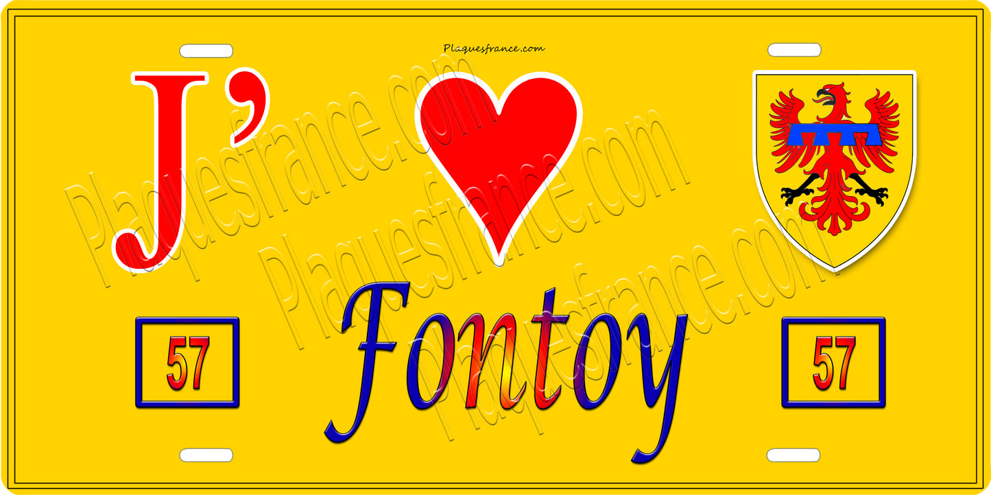 Plaque métal décorative 15 x 30 cm fond jaune J' ❤️ Fontoy Canton de Algrange Moselle 57