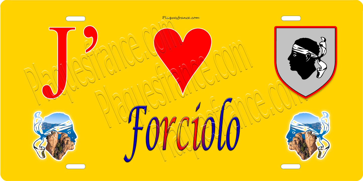 Plaque métal décorative 15 x 30 cm jaune J' ❤️ Forciolo canton de Taravo-Ornano Corse du Sud