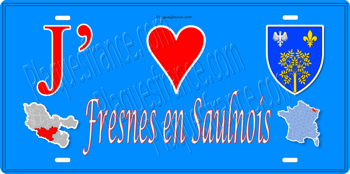 Plaque métal décorative 15 x 30 cm mur bleu carte J' ❤️ Fresne en Saulnois, canton du Saulnois Moselle 57