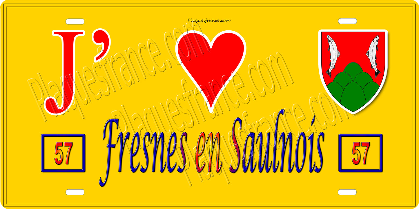 Plaque métal décorative 15 x 30 cm fond jaune 57 J' ❤️ Fresne en Saulnois, canton du Saulnois Moselle 57