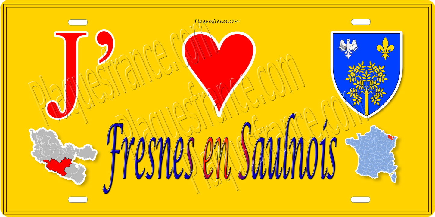 Plaque métal décorative 15 x 30 cm mur jaune carte J' ❤️ Fresne en Saulnois, canton du Saulnois Moselle 57